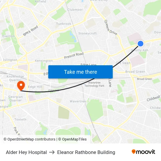 Alder Hey Hospital to Eleanor Rathbone Building map