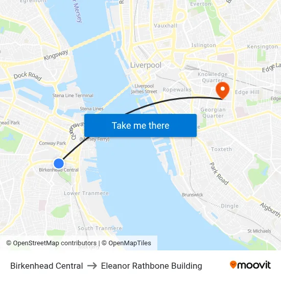 Birkenhead Central to Eleanor Rathbone Building map