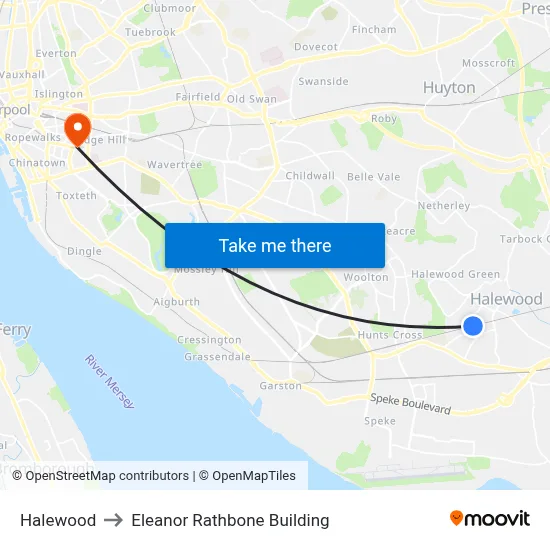 Halewood to Eleanor Rathbone Building map