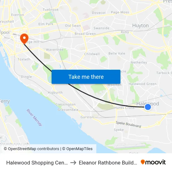 Halewood Shopping Centre to Eleanor Rathbone Building map