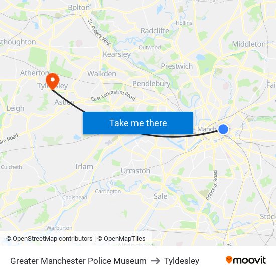 Greater Manchester Police Museum to Tyldesley map