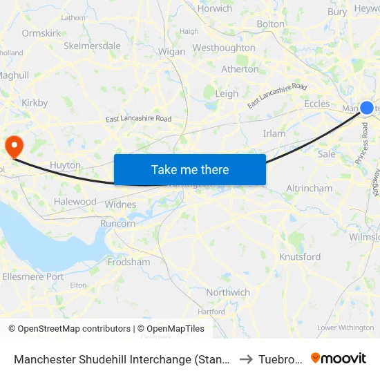 Manchester Shudehill Interchange (Stand G) to Tuebrook map