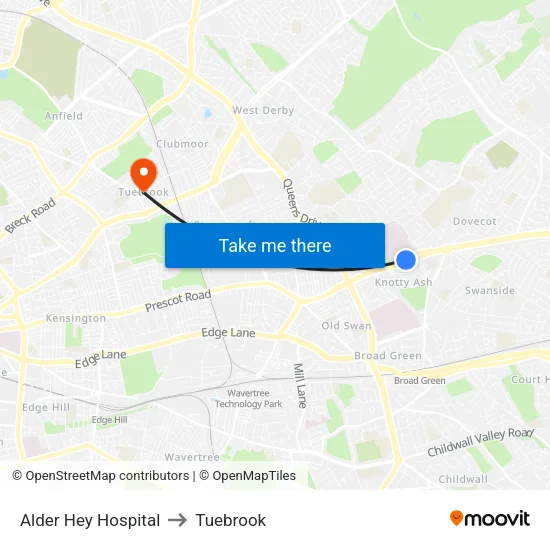 Alder Hey Hospital to Tuebrook map