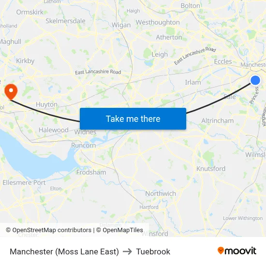 Manchester (Moss Lane East) to Tuebrook map