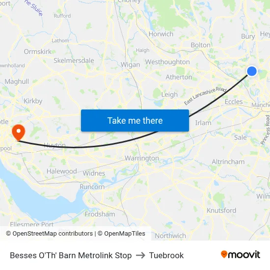 Besses O'Th' Barn Metrolink Stop to Tuebrook map