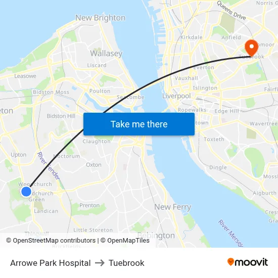 Arrowe Park Hospital to Tuebrook map