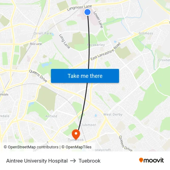 Aintree University Hospital to Tuebrook map