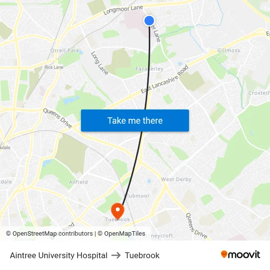 Aintree University Hospital to Tuebrook map
