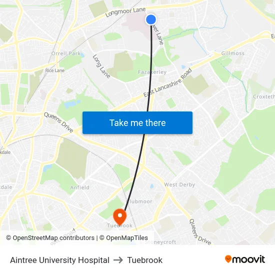 Aintree University Hospital to Tuebrook map