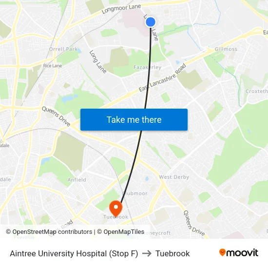 Aintree University Hospital to Tuebrook map