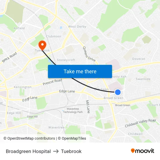 Broadgreen Hospital to Tuebrook map