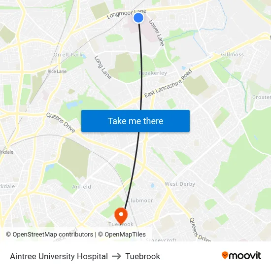 Aintree University Hospital to Tuebrook map
