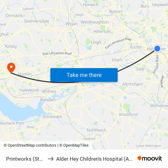 Printworks (Stop Nk) to Alder Hey Children's Hospital (Abandoned) map