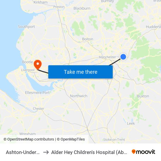 Ashton-Under-Lyne to Alder Hey Children's Hospital (Abandoned) map