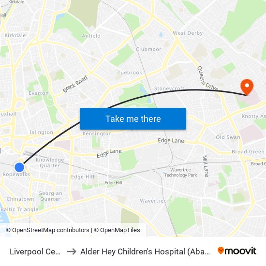 Liverpool Central to Alder Hey Children's Hospital (Abandoned) map