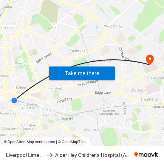 Liverpool Lime Street to Alder Hey Children's Hospital (Abandoned) map