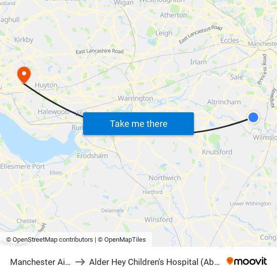 Manchester Airport to Alder Hey Children's Hospital (Abandoned) map