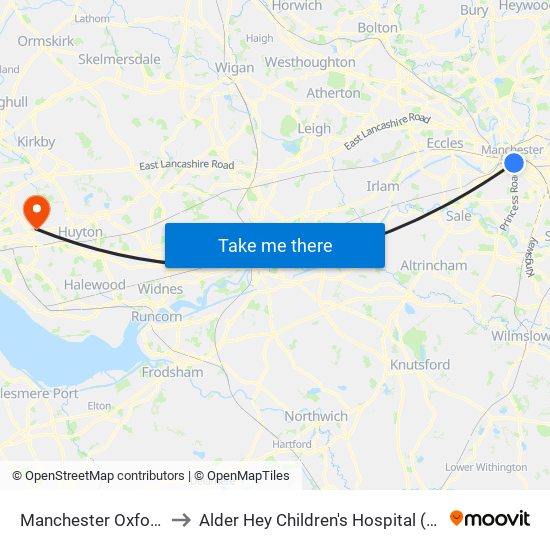 Manchester Oxford Road to Alder Hey Children's Hospital (Abandoned) map