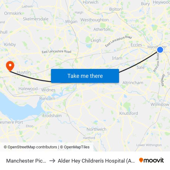 Manchester Piccadilly to Alder Hey Children's Hospital (Abandoned) map