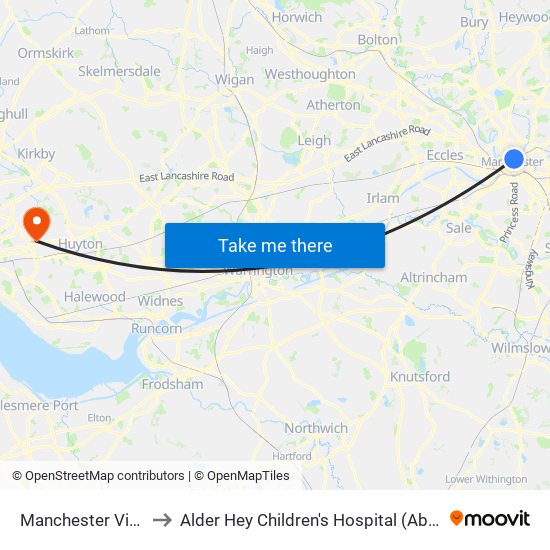 Manchester Victoria to Alder Hey Children's Hospital (Abandoned) map