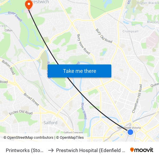 Printworks (Stop Nk) to Prestwich Hospital (Edenfield Centre) map