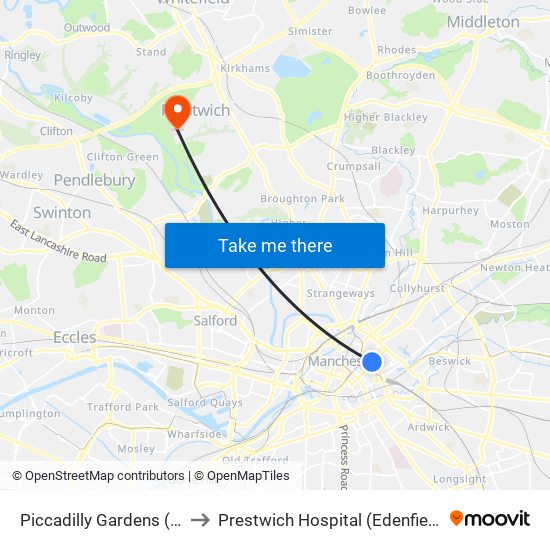 Piccadilly Gardens (Stop S) to Prestwich Hospital (Edenfield Centre) map