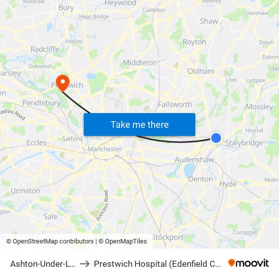 Ashton-Under-Lyne to Prestwich Hospital (Edenfield Centre) map