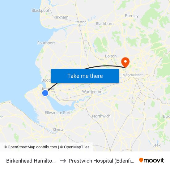 Birkenhead Hamilton Square to Prestwich Hospital (Edenfield Centre) map