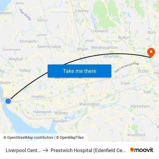 Liverpool Central to Prestwich Hospital (Edenfield Centre) map