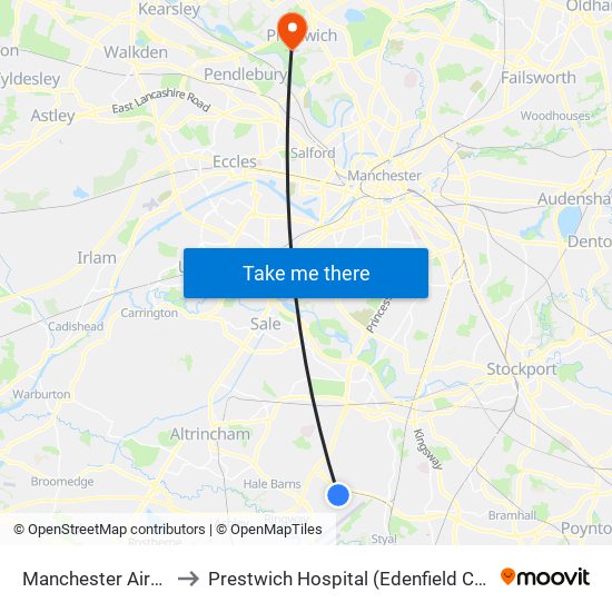 Manchester Airport to Prestwich Hospital (Edenfield Centre) map