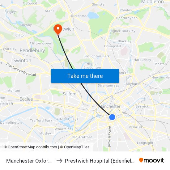 Manchester Oxford Road to Prestwich Hospital (Edenfield Centre) map