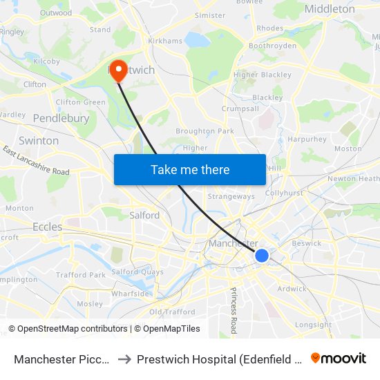 Manchester Piccadilly to Prestwich Hospital (Edenfield Centre) map