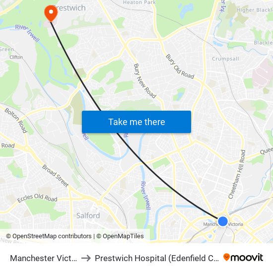 Manchester Victoria to Prestwich Hospital (Edenfield Centre) map