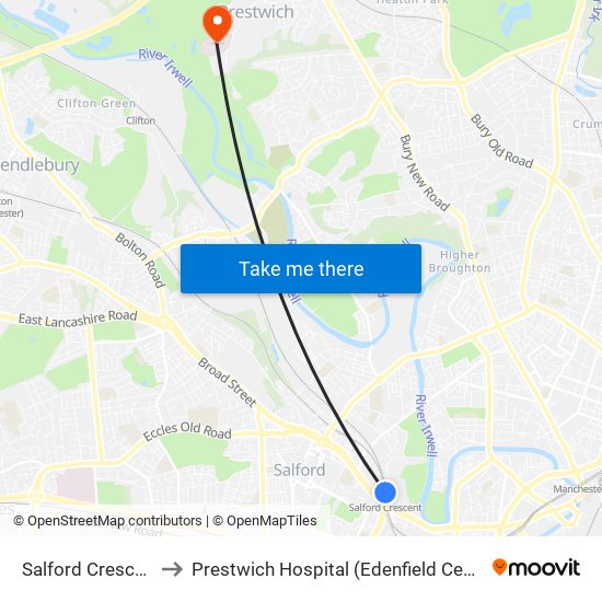 Salford Crescent to Prestwich Hospital (Edenfield Centre) map