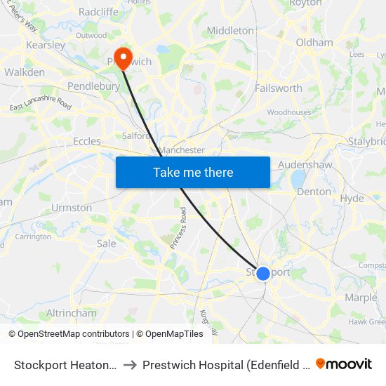 Stockport Heaton Lane to Prestwich Hospital (Edenfield Centre) map