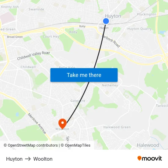 Huyton to Woolton map