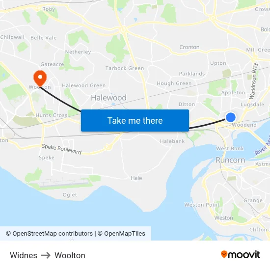 Widnes to Woolton map