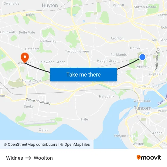 Widnes to Woolton map