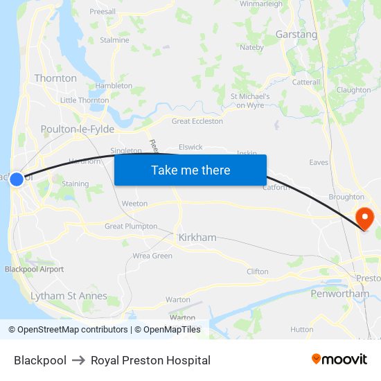 Blackpool to Royal Preston Hospital map