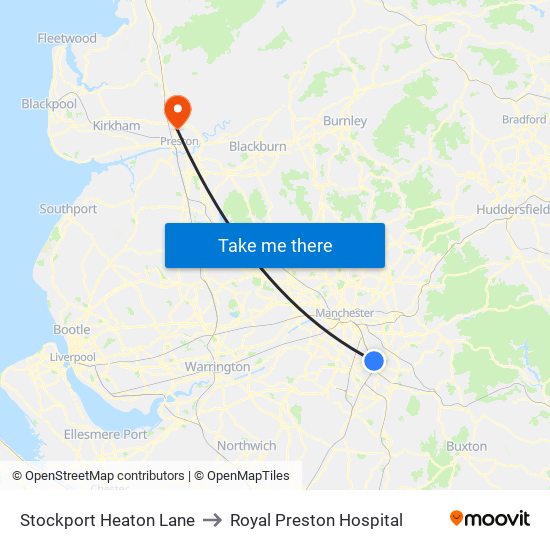 Stockport Heaton Lane to Royal Preston Hospital map