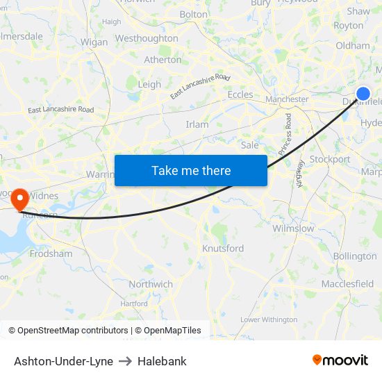 Ashton-Under-Lyne to Halebank map