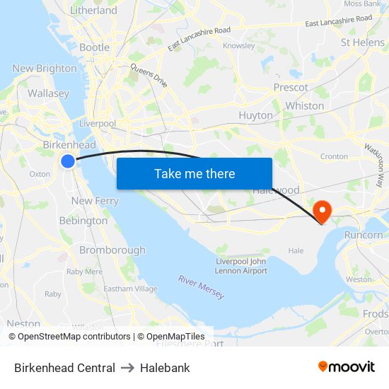 Birkenhead Central to Halebank map