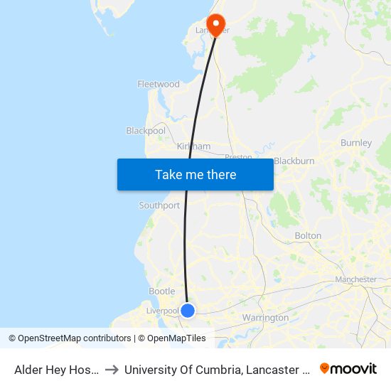 Alder Hey Hospital to University Of Cumbria, Lancaster Campus map