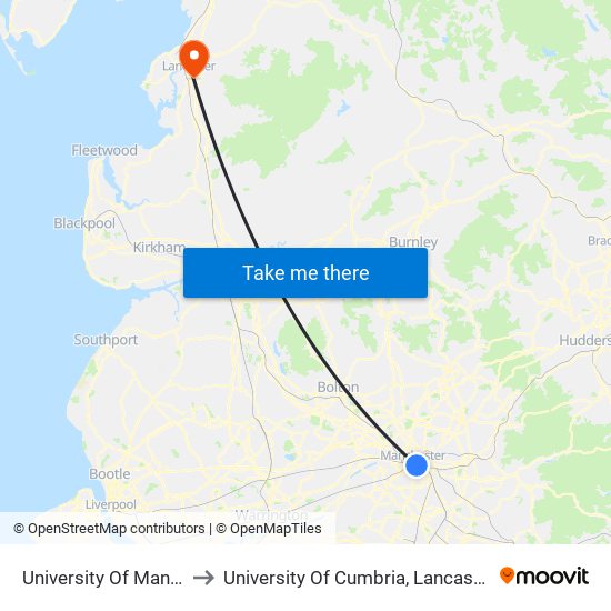 University Of Manchester to University Of Cumbria, Lancaster Campus map