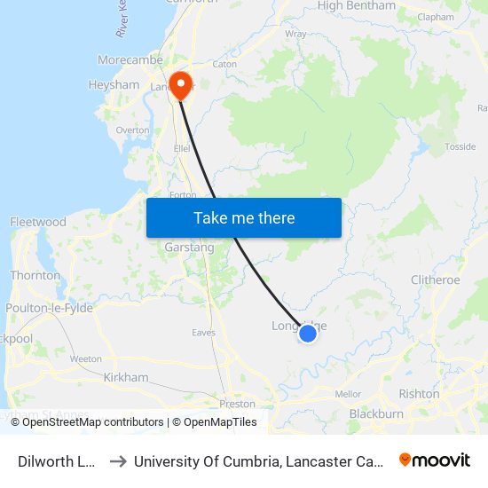 Dilworth Lane to University Of Cumbria, Lancaster Campus map