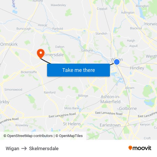 Wigan to Skelmersdale map