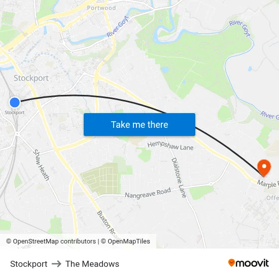 Stockport to The Meadows map