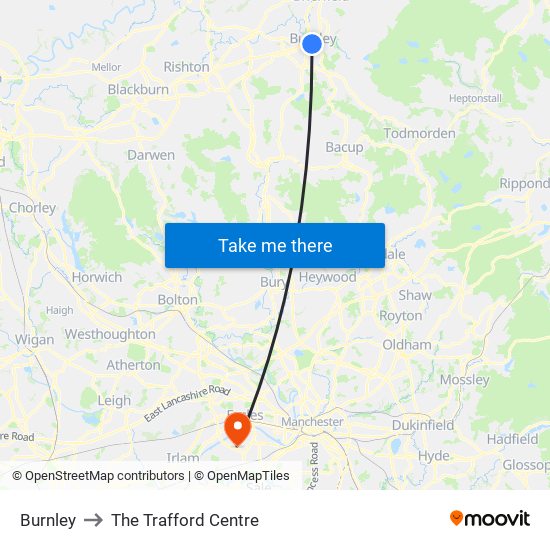 Burnley to The Trafford Centre map