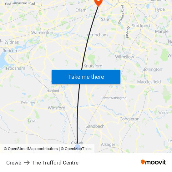 Crewe to The Trafford Centre map