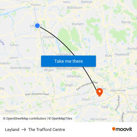Leyland to The Trafford Centre map